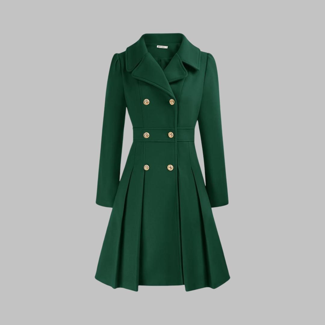 Emerald green double-breasted coat with pleated flared hem