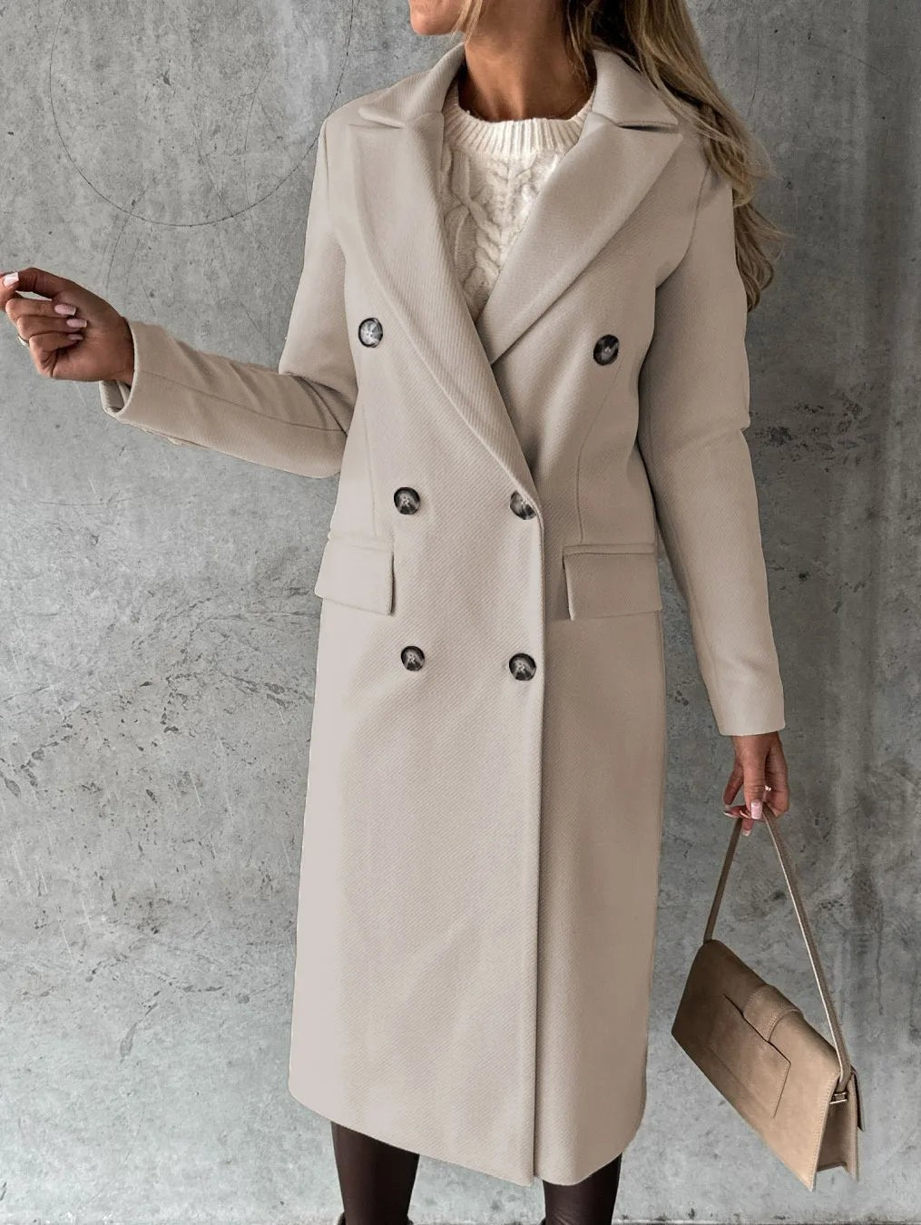 beige double-breasted longline coat with notched lapel and button details