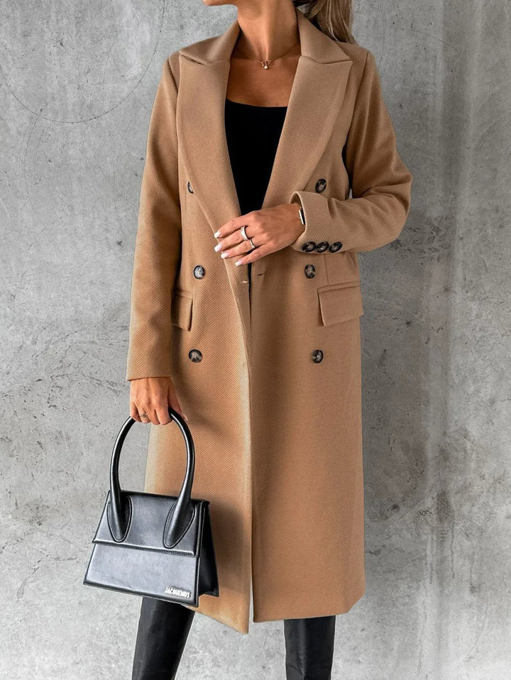 camel double-breasted long coat paired with a black handbag