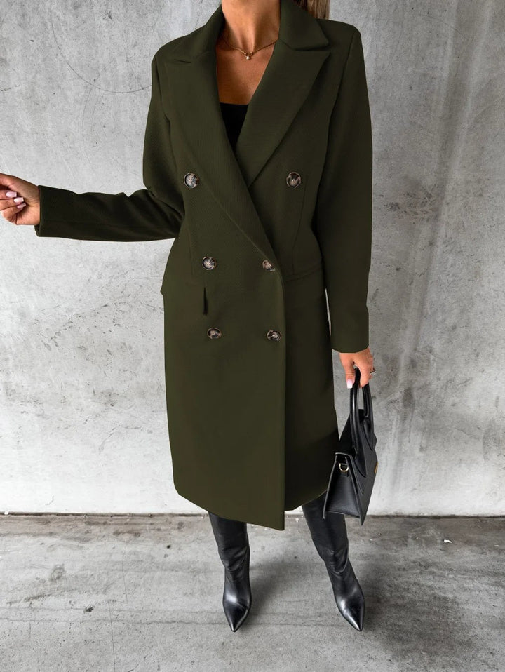 olive green double-breasted longline coat with tortoiseshell buttons