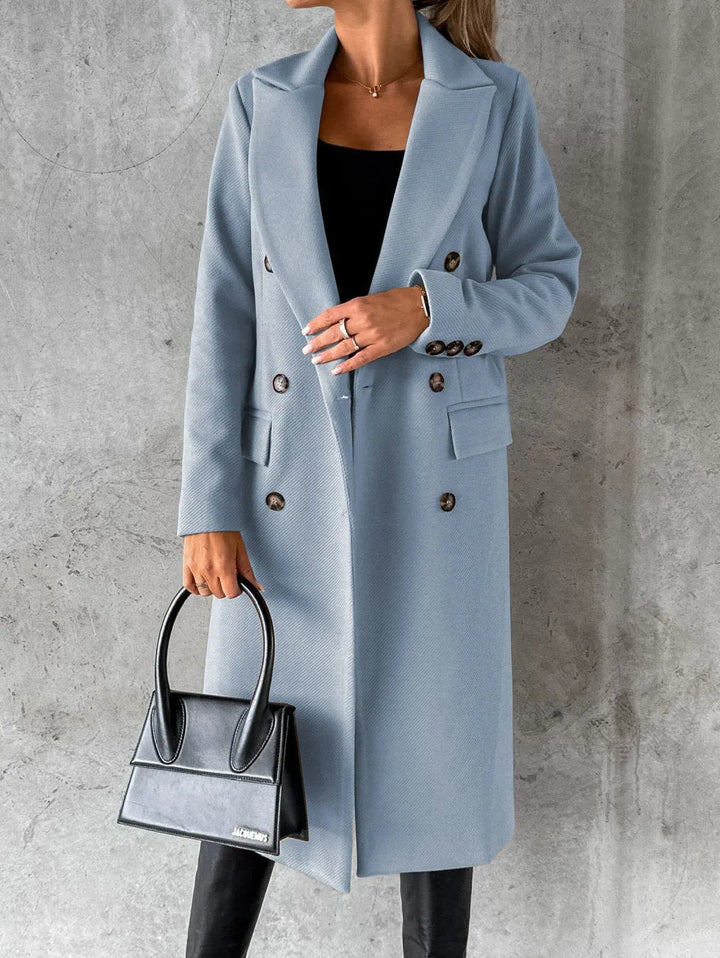 light blue double-breasted long coat with notched lapel and pockets