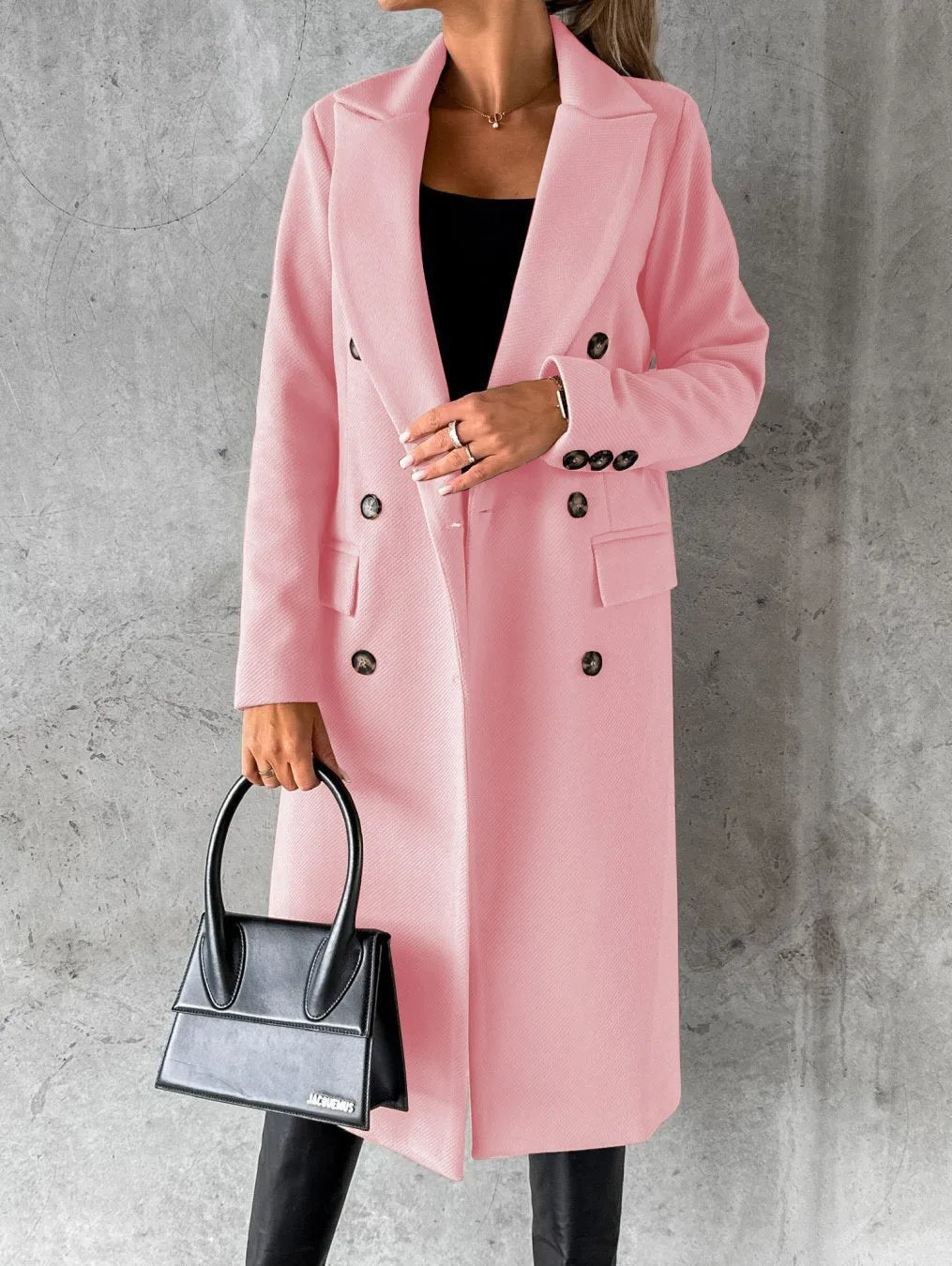 pink double-breasted long coat with tailored notched lapel design