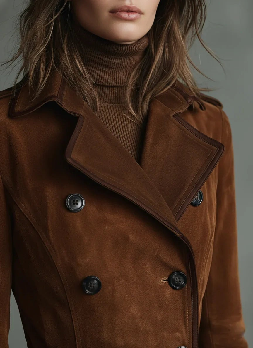 Close-up of notch lapel and dark buttons on cognac suede trench coat