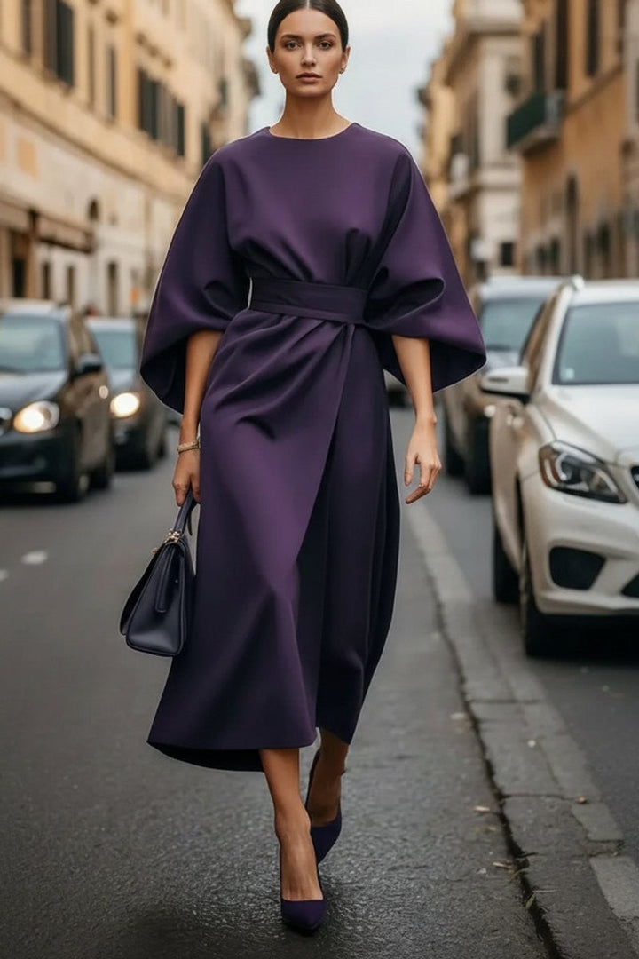 Deep purple cape-sleeve midi dress with draped wrap and belted waist