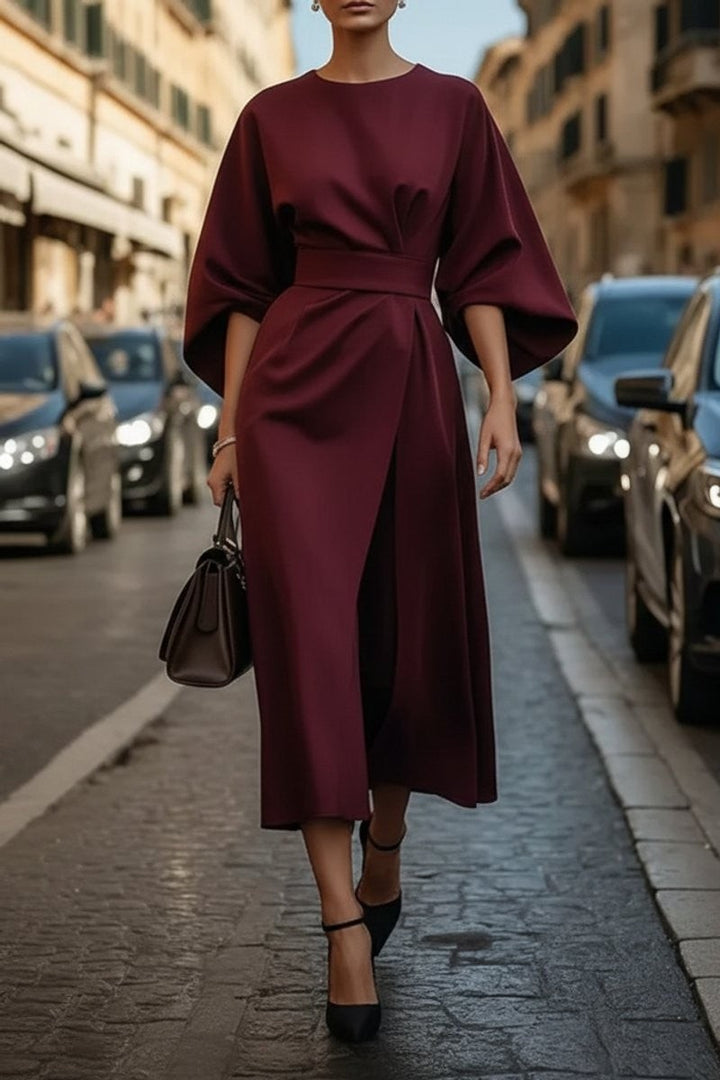 Burgundy cape-sleeve midi dress with belted waist and wrap-front skirt