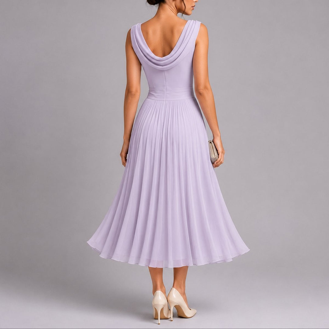 Lavender chiffon midi dress with draped cowl neckline, back view pleated skirt