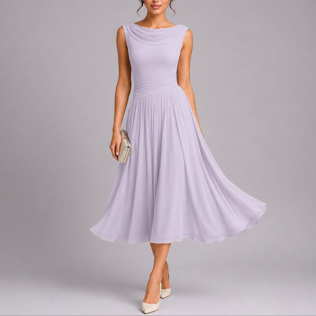 Lavender pleated midi dress featuring draped cowl neck and sleeveless bodice