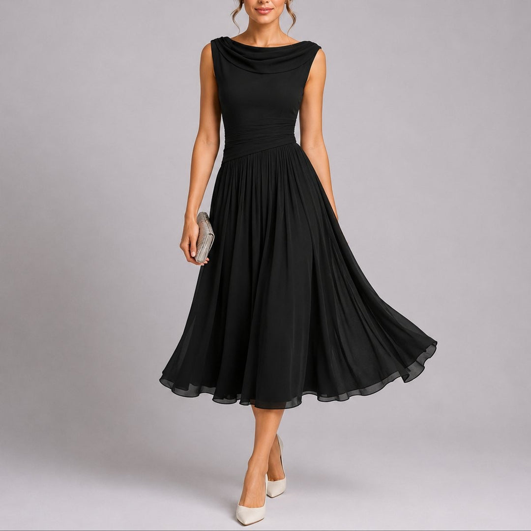 Black pleated midi dress with draped cowl neckline and cinched waist