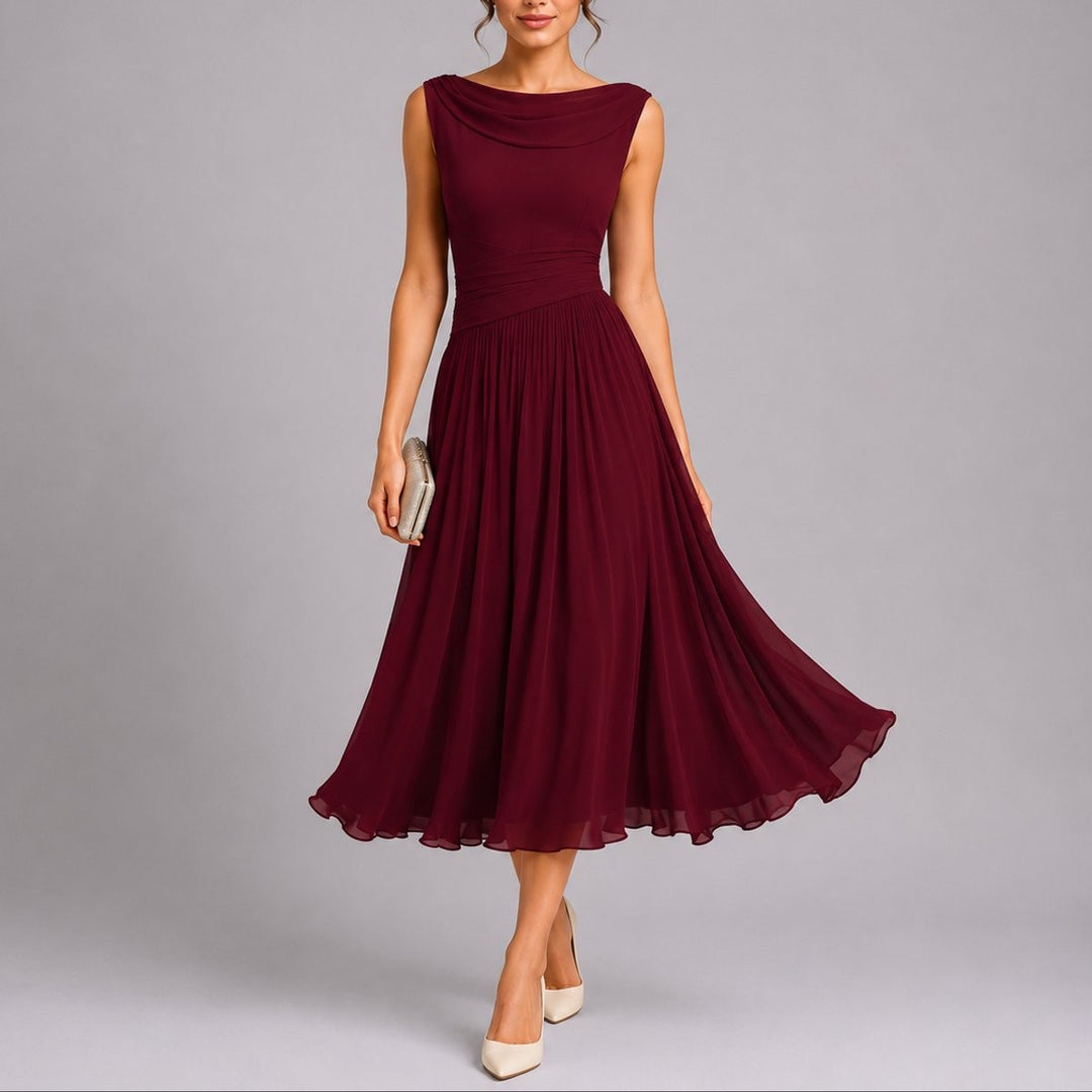 Burgundy chiffon midi dress with draped neckline and flowing pleated skirt