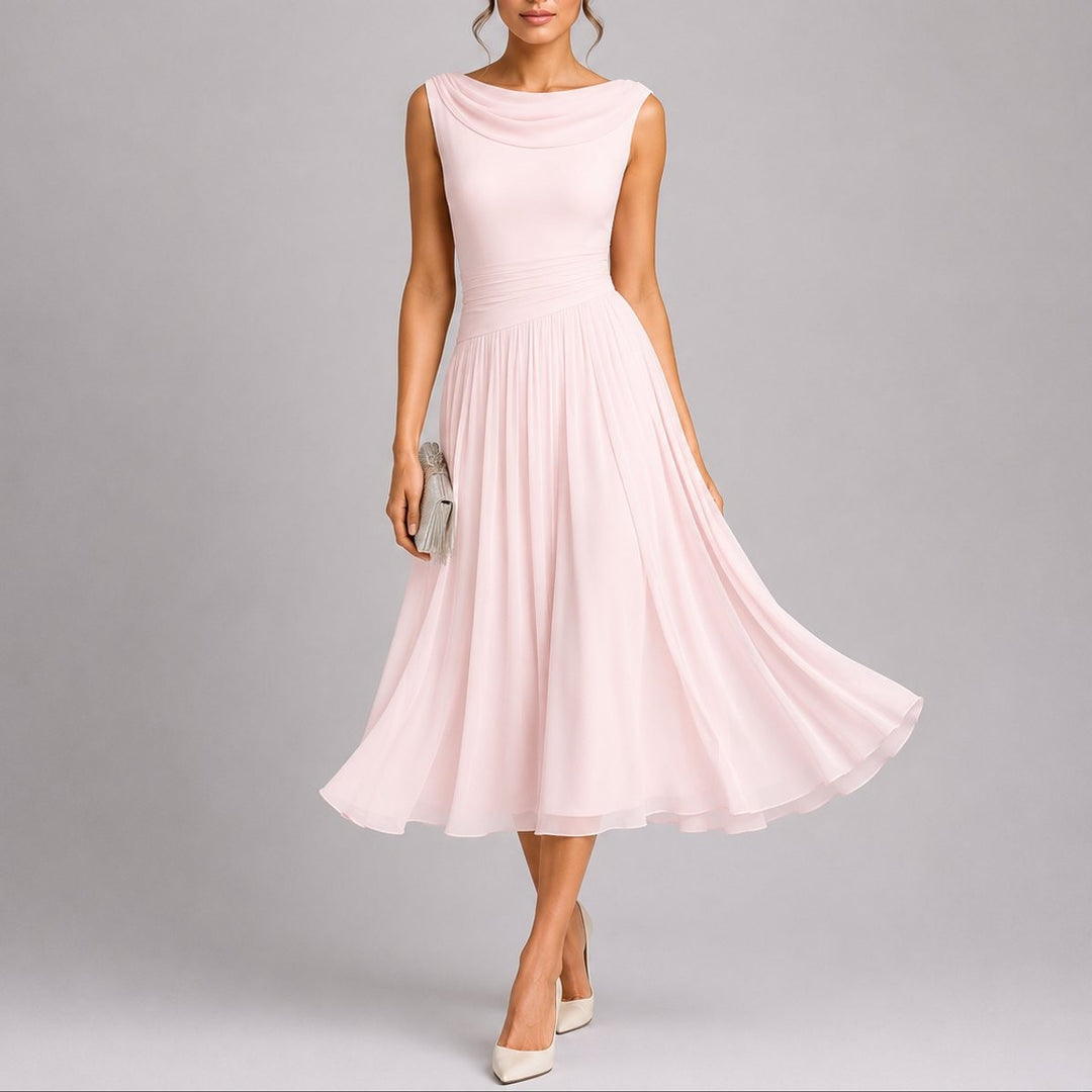 Blush pink pleated midi dress with draped cowl neck and A-line skirt