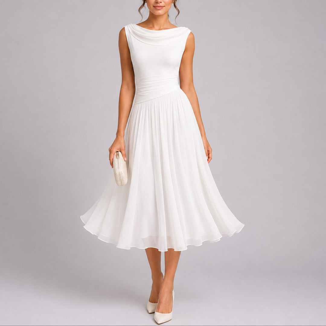Ivory chiffon midi dress featuring draped neckline and sleeveless fitted bodice