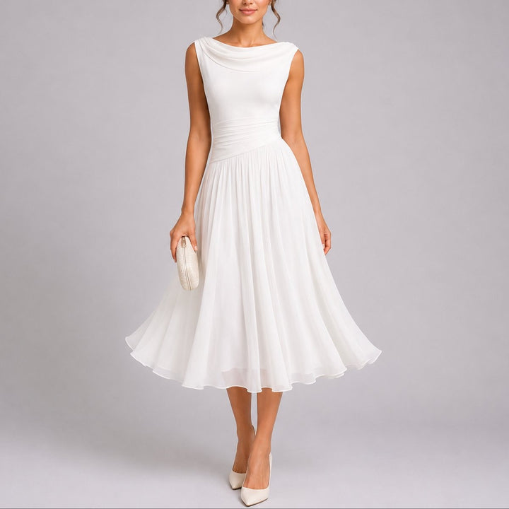 Ivory chiffon midi dress featuring draped neckline and sleeveless fitted bodice