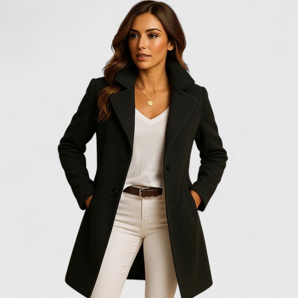 Black long wool coat with tailored lapel and double-breasted button closure