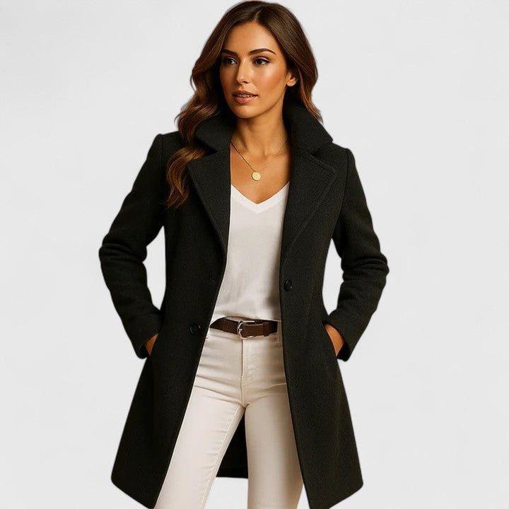Black long wool coat with tailored lapel and double-breasted button closure