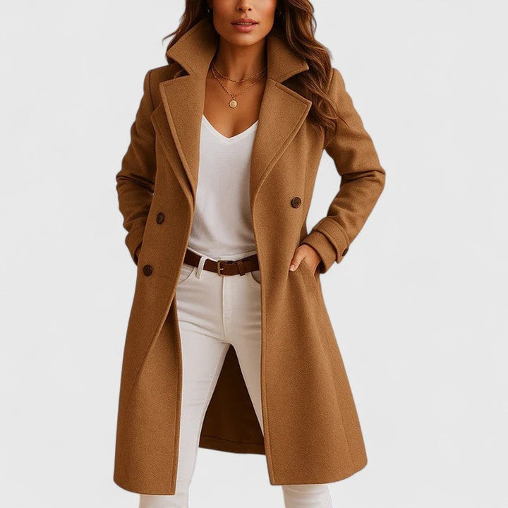 Camel-colored long wool coat with notch lapel and double-breasted design