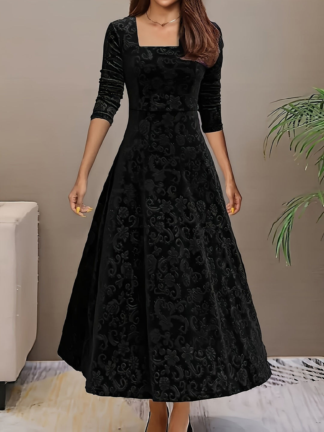 black embossed velvet square-neck A-line midi dress with floral texture, front view