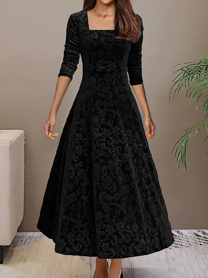 black embossed velvet square-neck A-line midi dress with floral texture, front view