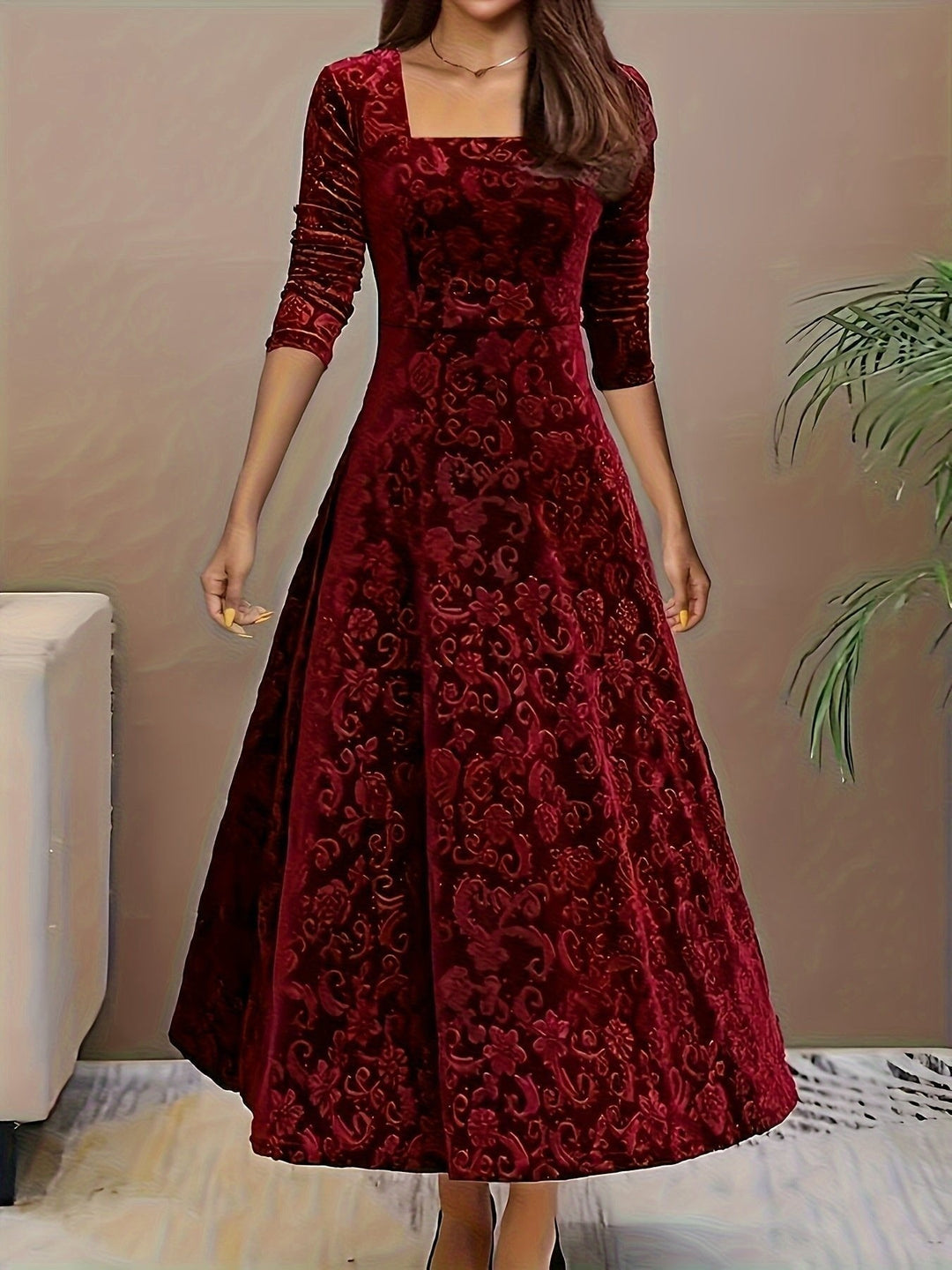 burgundy embossed velvet square-neck midi dress with long sleeves, front view