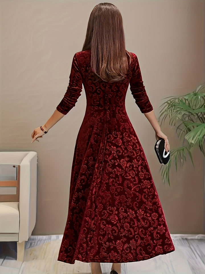 burgundy velvet A-line midi dress, floral texture detail shown from back