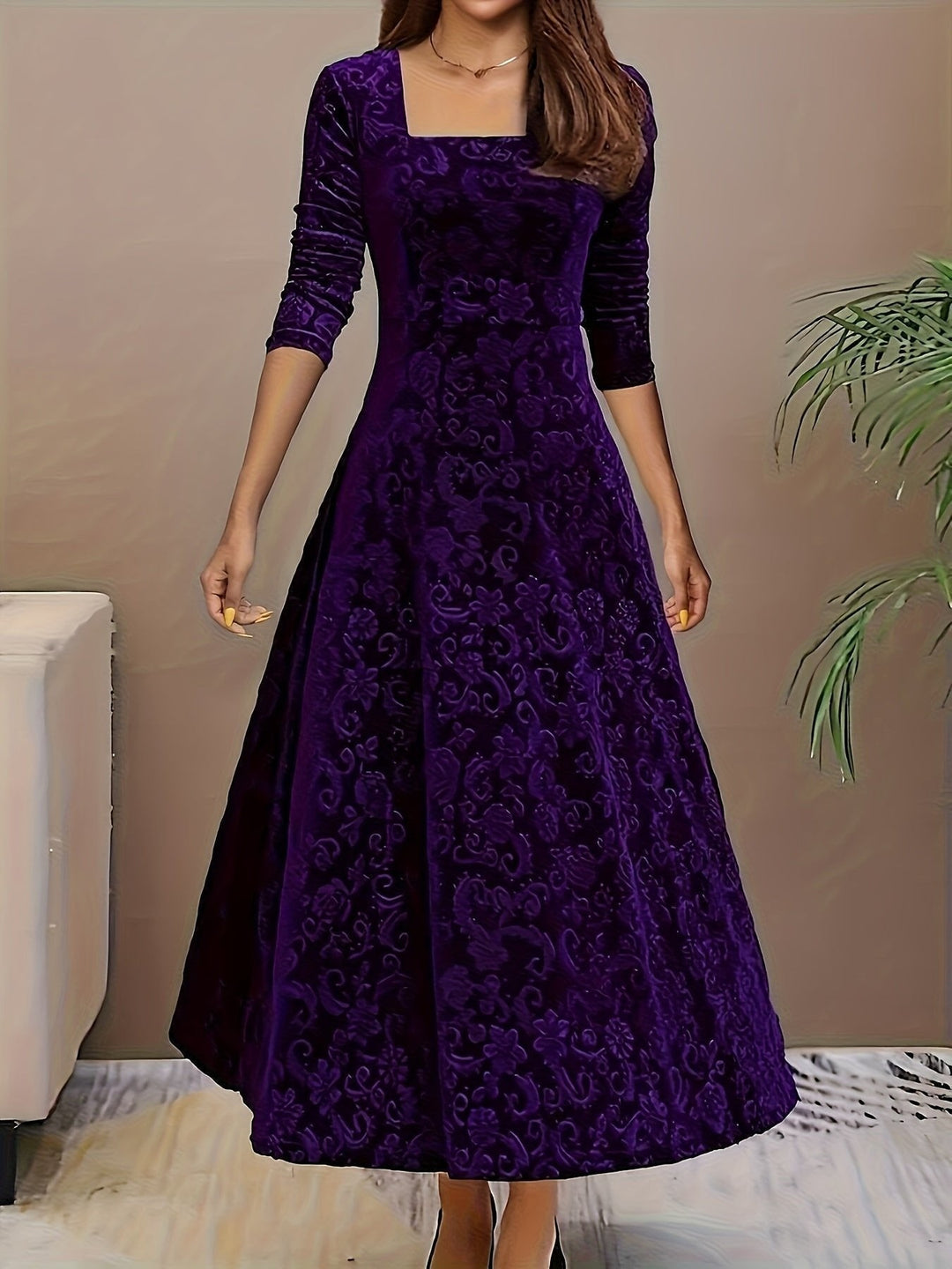purple embossed velvet square-neck A-line midi dress, front view