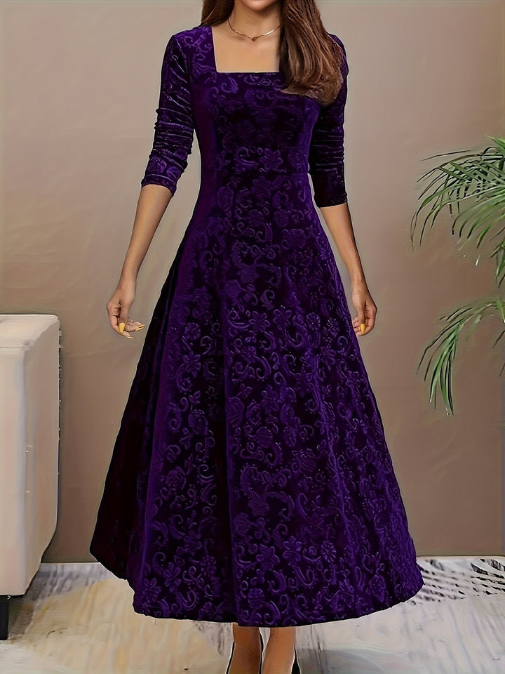 purple embossed velvet square-neck A-line midi dress, front view