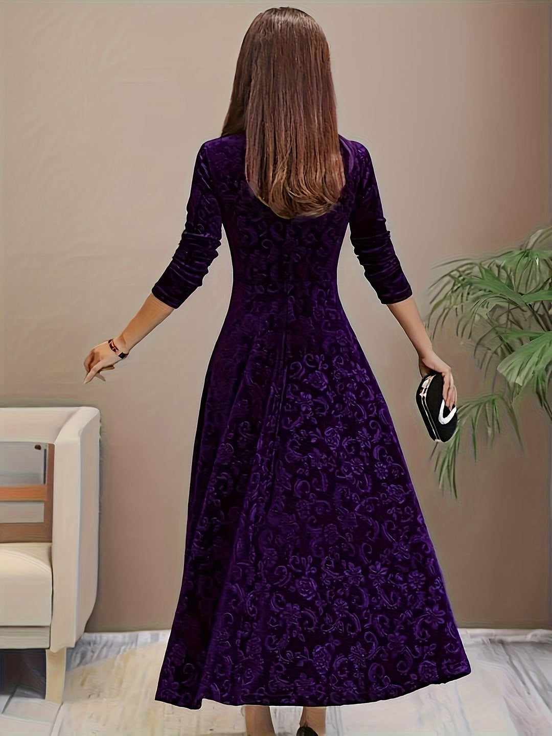 deep purple velvet midi dress with floral embossing, back view with clutch