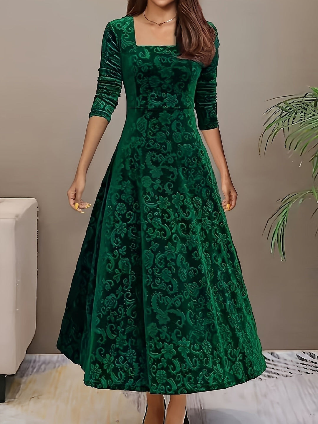 emerald green embossed velvet square-neck midi dress, front view