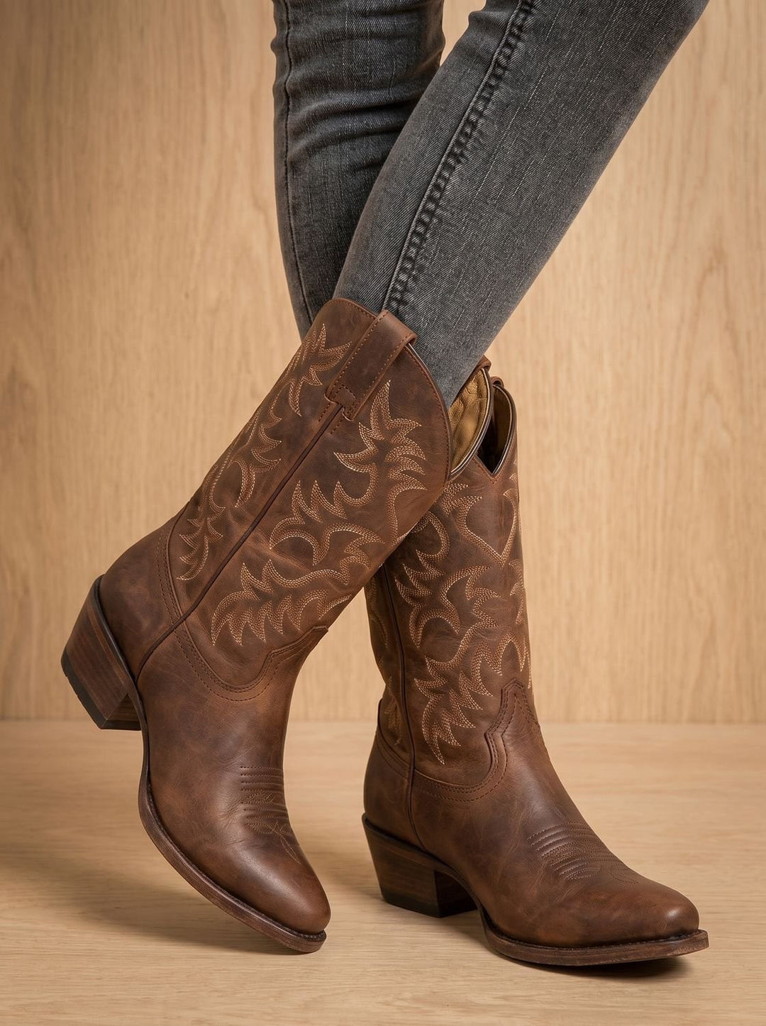 Woman wearing brown leather cowboy boots with embroidered stitching and stacked heel