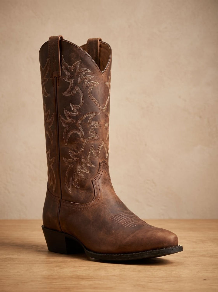 Front angled view of brown leather cowboy boot with tall embroidered shaft