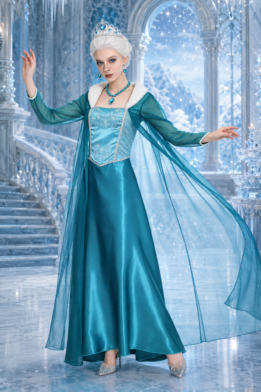 woman in teal satin snow queen gown with sheer cloak and rhinestone tiara