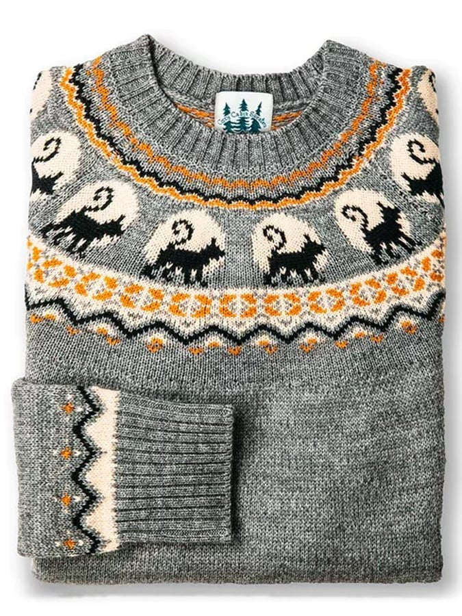 Heather gray crew-neck sweater featuring knit ram and Fair Isle border