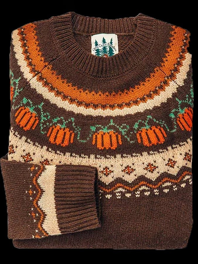 Brown crew-neck sweater with knit pumpkin vine and Fair Isle yoke