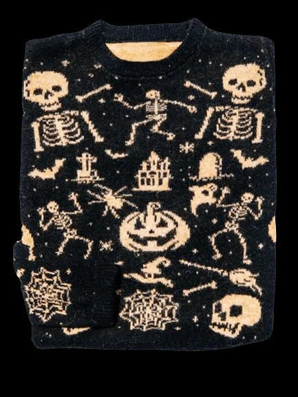 Black crew-neck sweater featuring glow-style skeleton and Halloween icon print