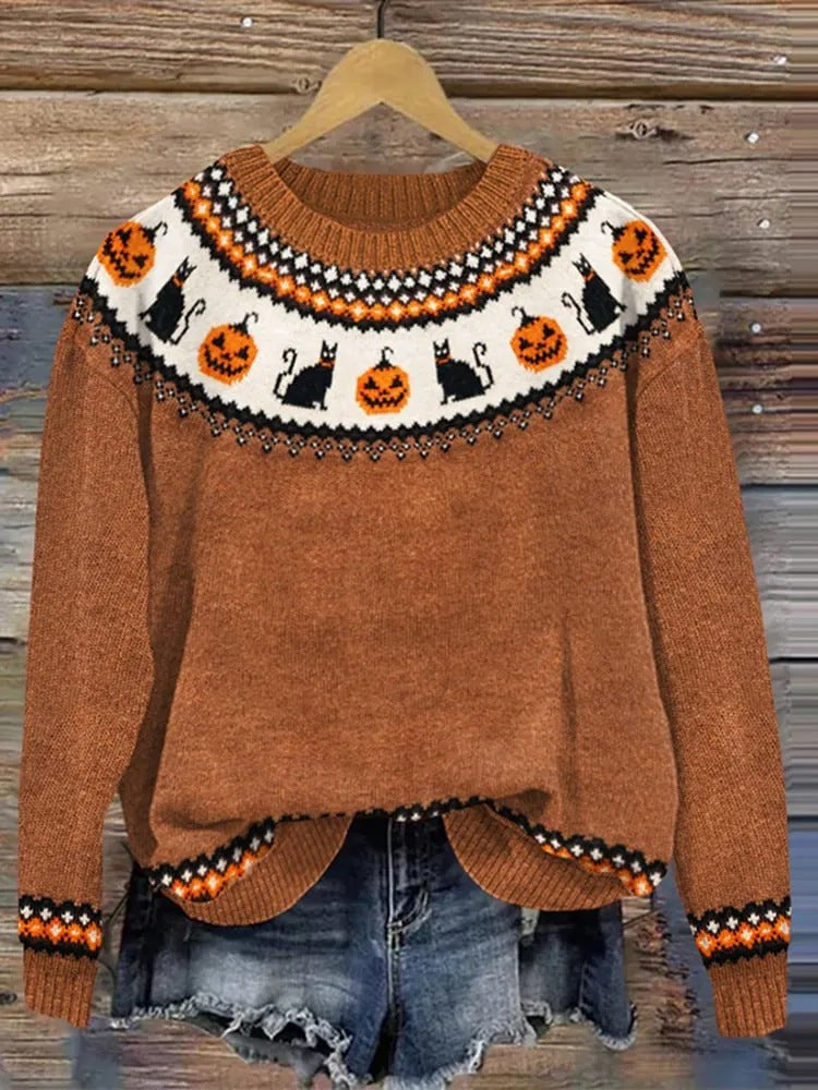 Rust brown Halloween pumpkin knit sweater with black cat Fair Isle yoke
