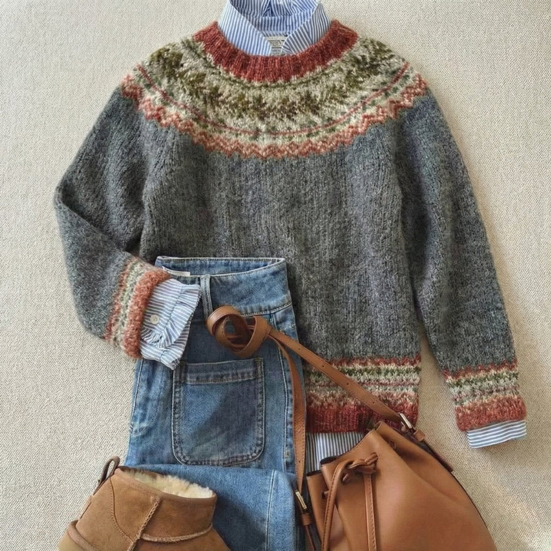 Charcoal Fair Isle sweater with rust and olive knit yoke, layered outfit flat lay