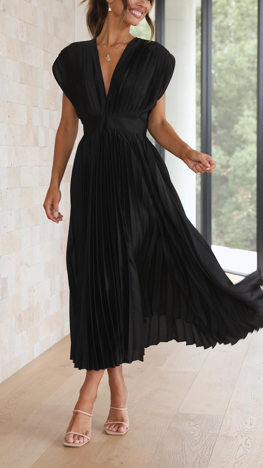 Sage green pleated satin V-neck dress with cap sleeves and belt