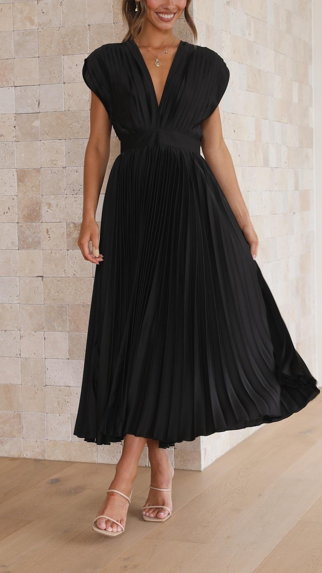 Sienna | Women’s Pleated V-Neck Cap-Sleeve Fall Wedding Guest Maxi Dress - image 18