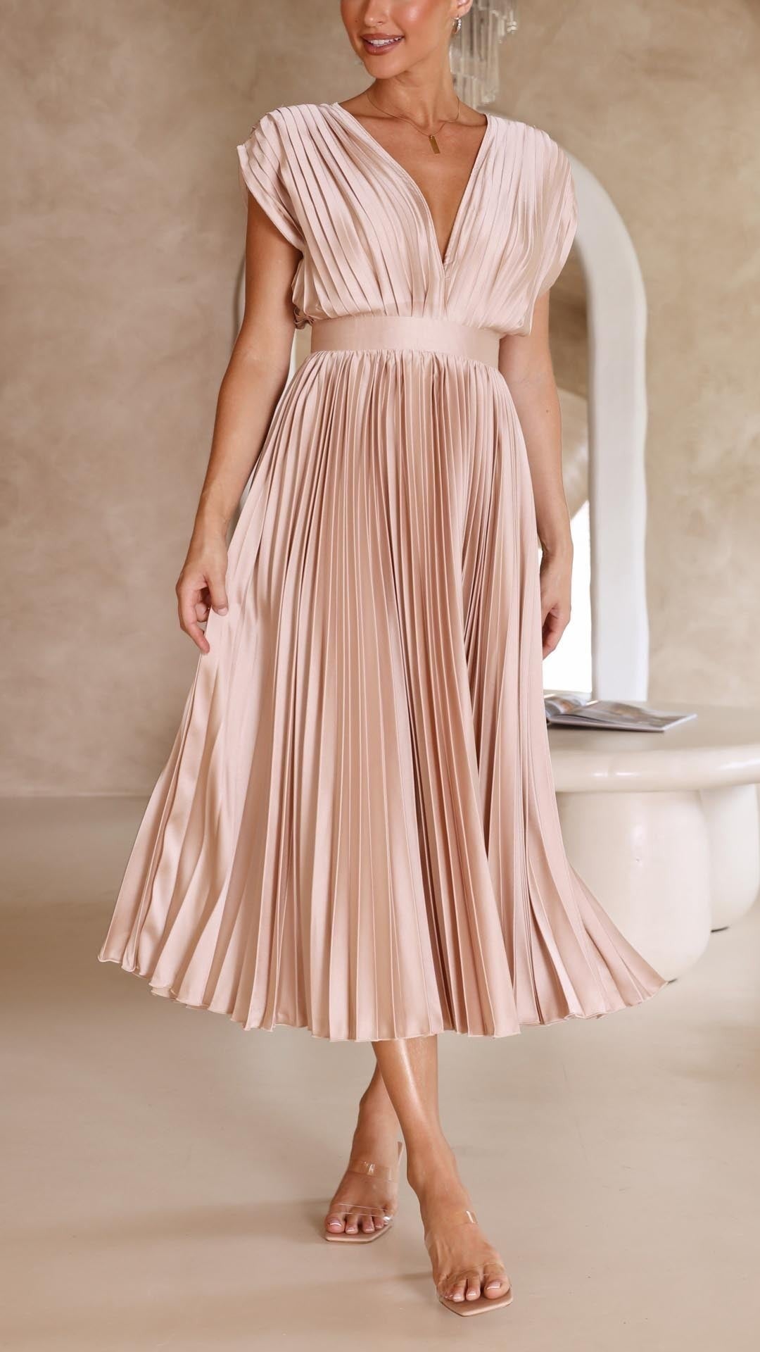 Champagne pleated maxi dress with fitted waistband and V-neckline