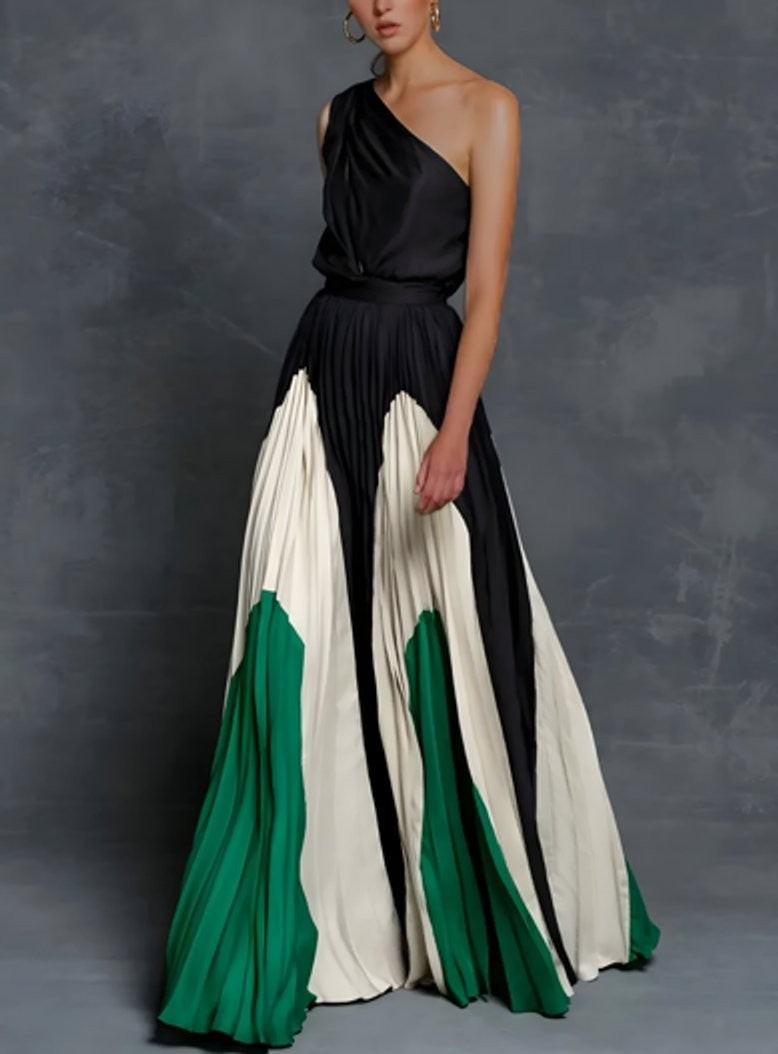 One-shoulder pleated maxi dress with black, ivory, and green color-block skirt