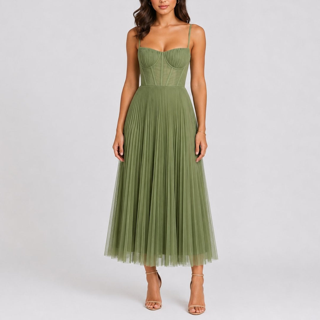 Olive green corset midi dress with pleated tulle skirt and spaghetti straps