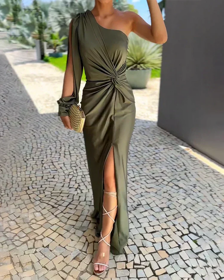 Olive green one-shoulder maxi dress with draped waist and high slit
