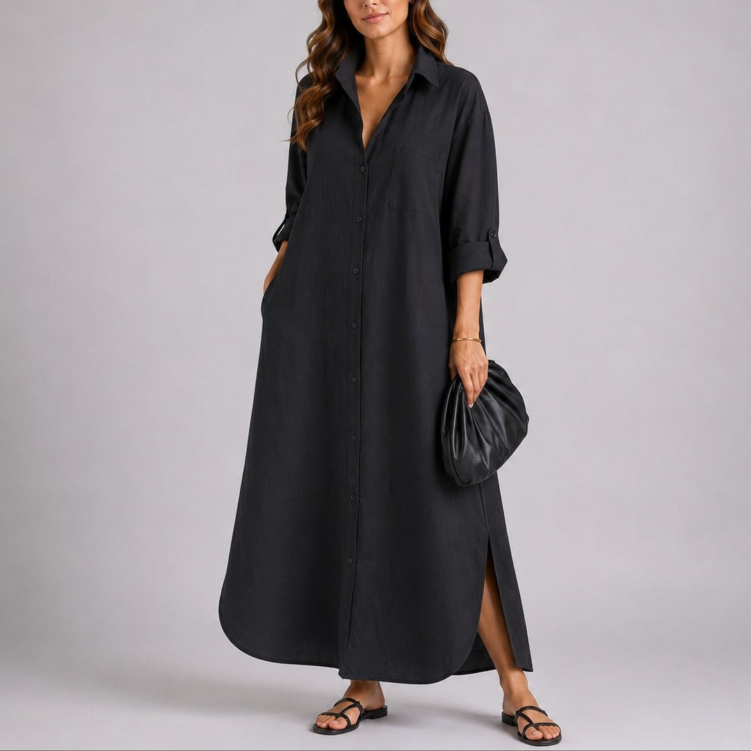 Black oversized linen button maxi dress with rolled sleeves and side slit