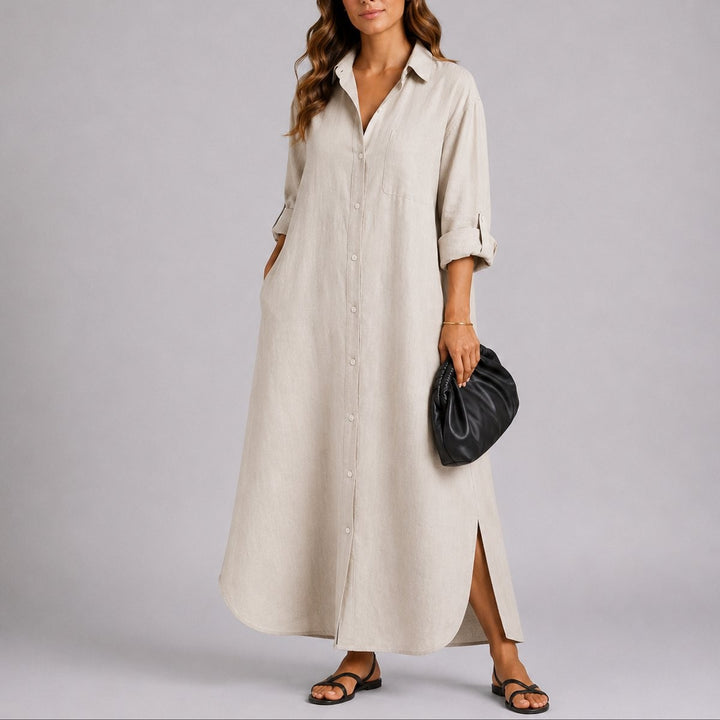Beige oversized linen button maxi dress styled with black clutch and sandals