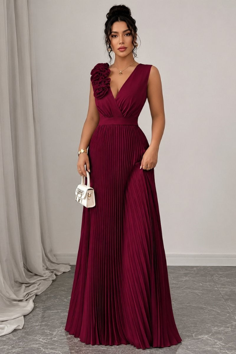 burgundy pleated A-line maxi dress with floral shoulder detail and V-neck