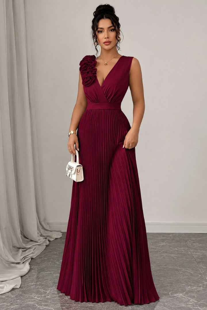 burgundy pleated A-line maxi dress with floral shoulder detail and V-neck