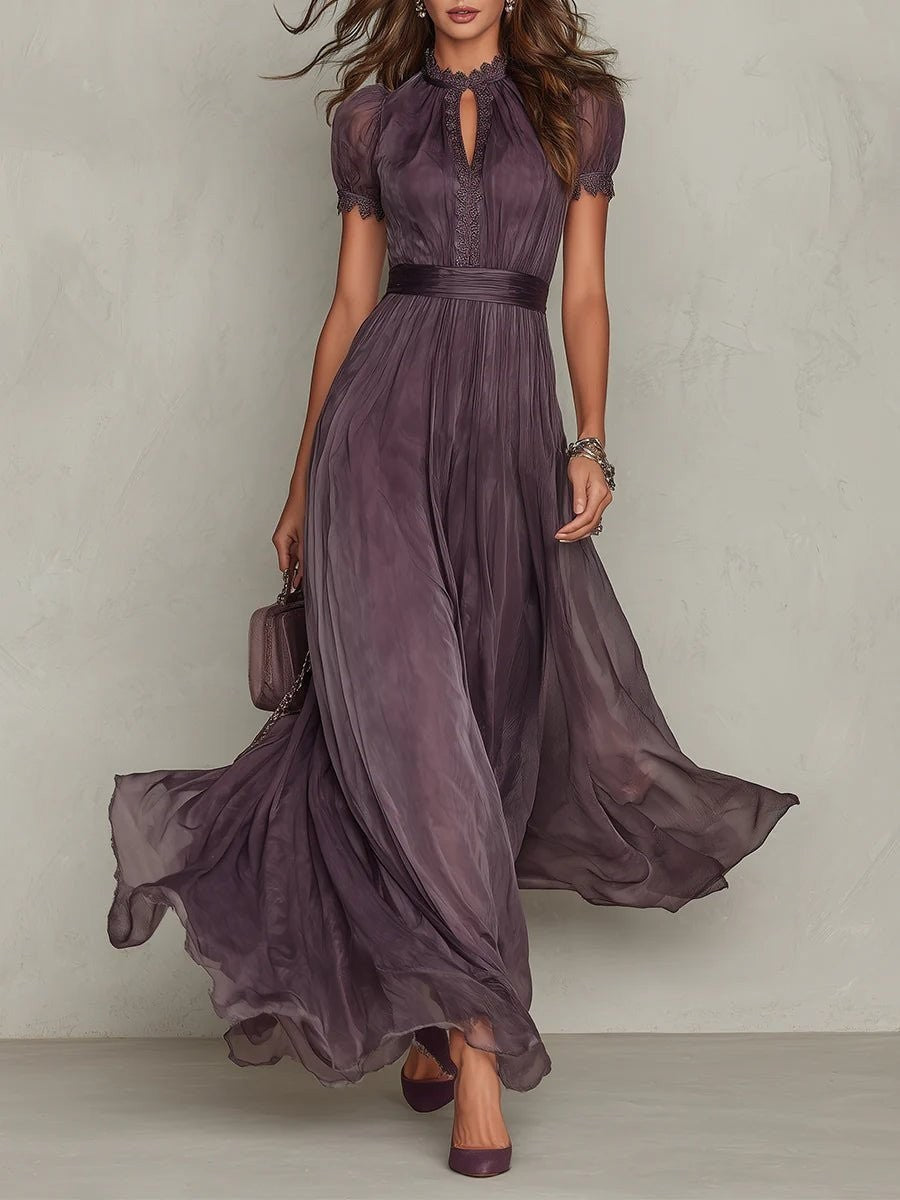 purple ombre chiffon maxi dress with lace keyhole neckline and puff sleeves
