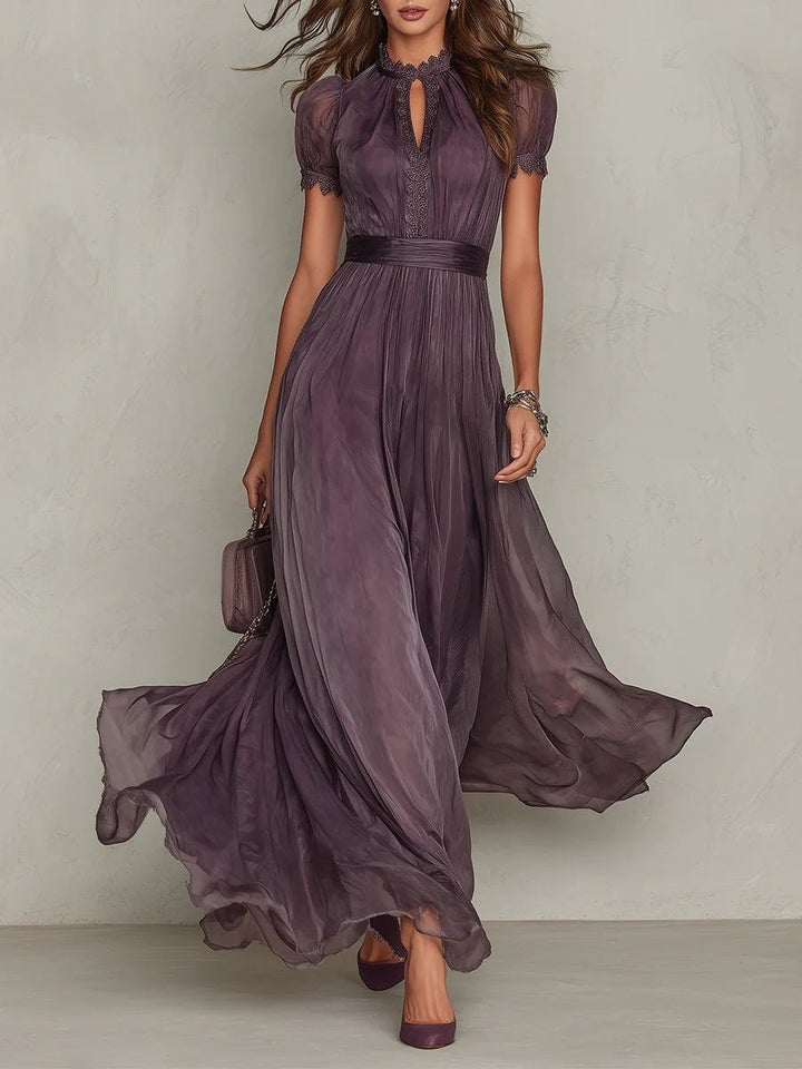 purple ombre chiffon maxi dress with lace keyhole neckline and puff sleeves