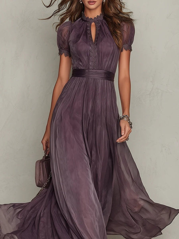 close-up of lace keyhole neckline on puff-sleeve purple maxi dress