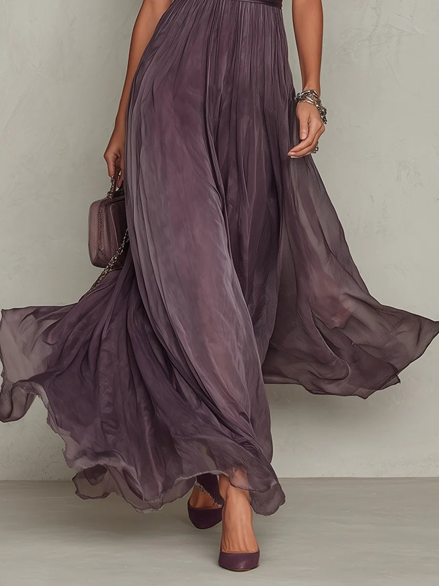 flowing chiffon skirt detail on ombre purple maxi dress with heels