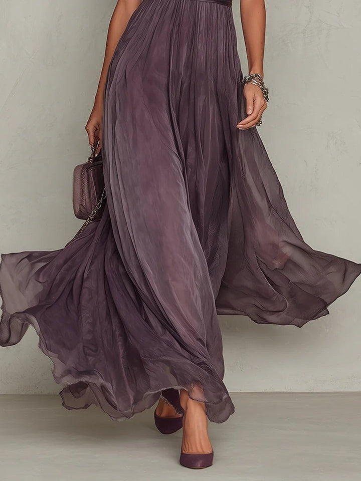 flowing chiffon skirt detail on ombre purple maxi dress with heels